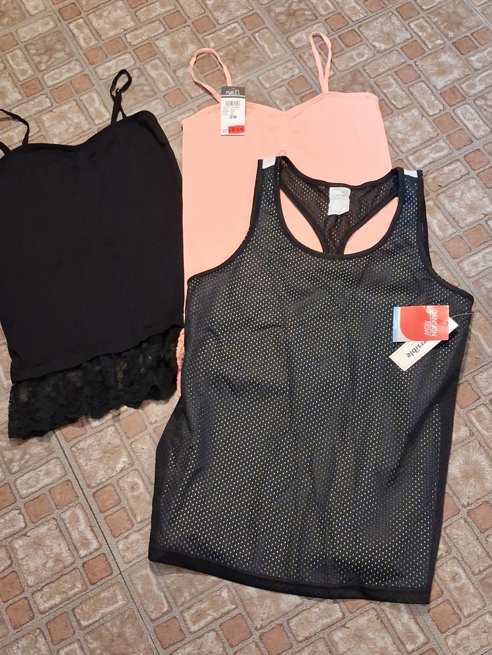 Rue21 Peach & Black Cami Tank with Black Lace & Mesh Overlay Set Size SMALL